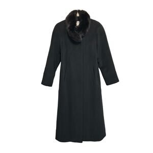 Albert Nipon Fox Fur Collar Worsted Wool Long Coat Women's Sz 10P Black Mob Wife